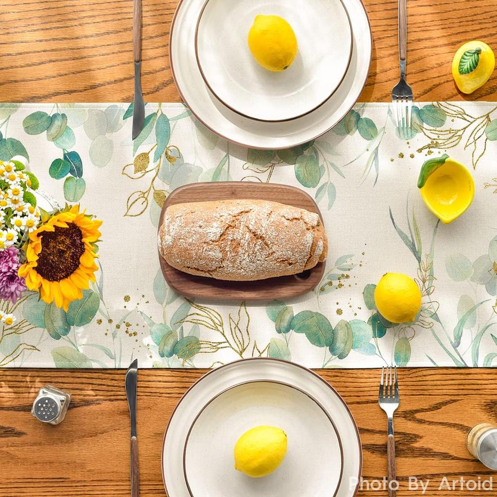 Artoid Mode Beige Greenery Eucalyptus Summer Table Runner, Spring Seasonal Anniversary Holiday Kitchen Dining Table Decoration for Indoor Outdoor