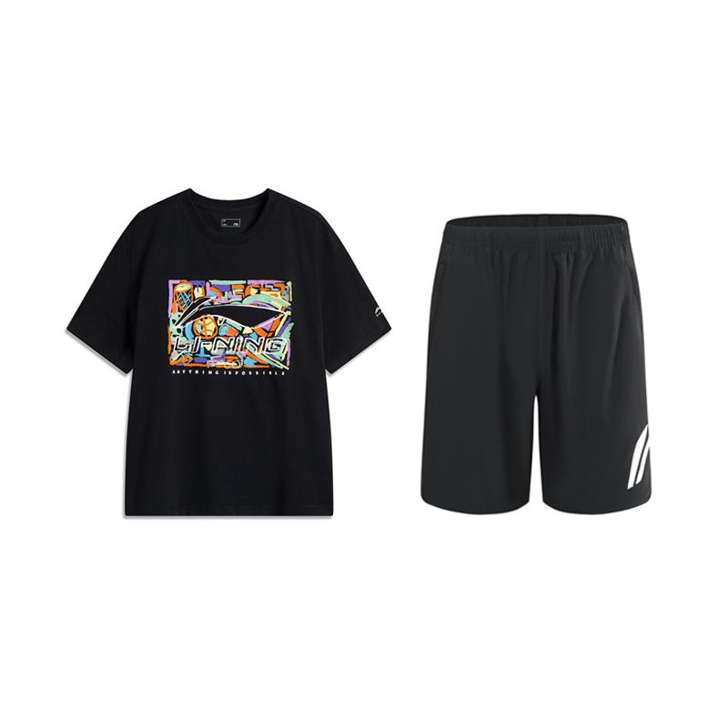 

Li-Ning Retro Trendy Breathable Sweat-Absorbing Short Sleeve T-Shirt Simple Versatile Comfortable Shorts Casual Sports Suit AHSV291-2+YKSU157-2 XL