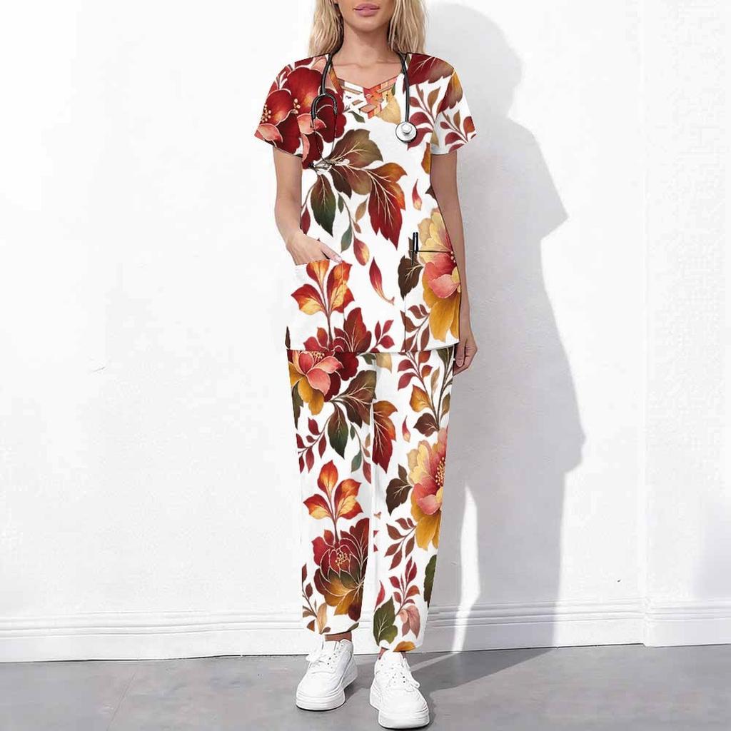 Women Plus Size Floral Printed Scrub Set Cutout Neck Short Sleeve Pocket Top Long Pants Two Piece