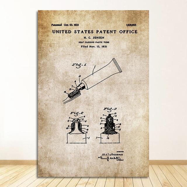 Paper Patent Poster Vintage Canvas Print Wall Art Picture Painting Modern Bathroom Decoration Industrial Style Toothpaste Toilet