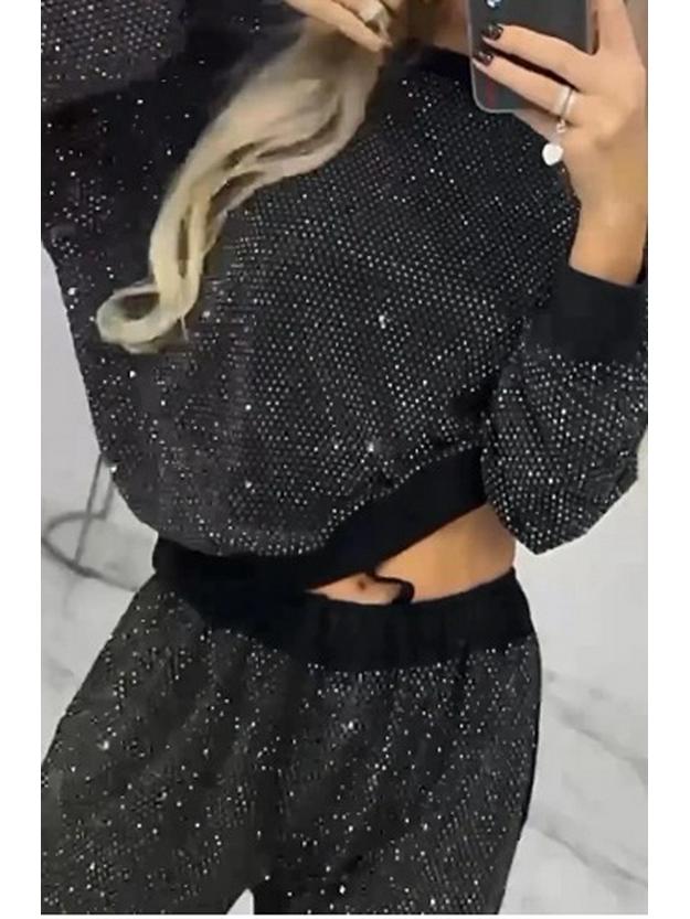 2024 European & American Fall/Winter Women's Casual Round Neck Long Sleeve Hot-Drilled Drawstring Ankle-Cuff Set