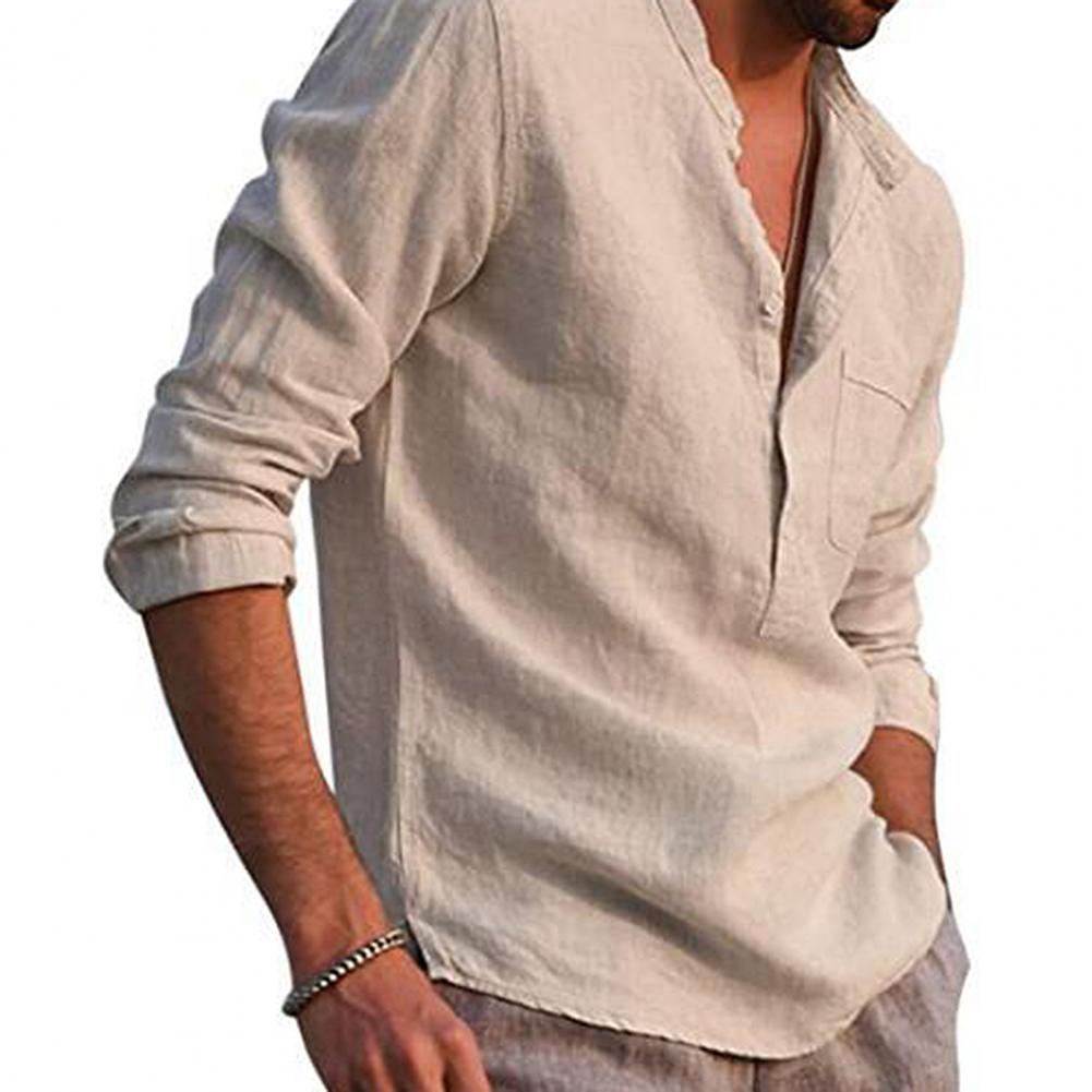 2024 Men Casual Shirts Solid Color V Neck Long Sleeve Shirt Simple Button Pocket Top Cotton Linen Skin-friendly Daily Wear Shirt