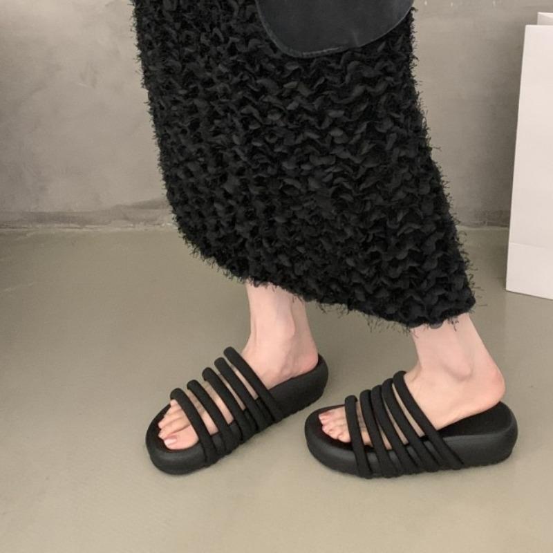 Fashion Platform Slippers Summer New Round Toe Slender Ribbon Platform Anti-Slip Wear-Resistant Flat Roman Shoes