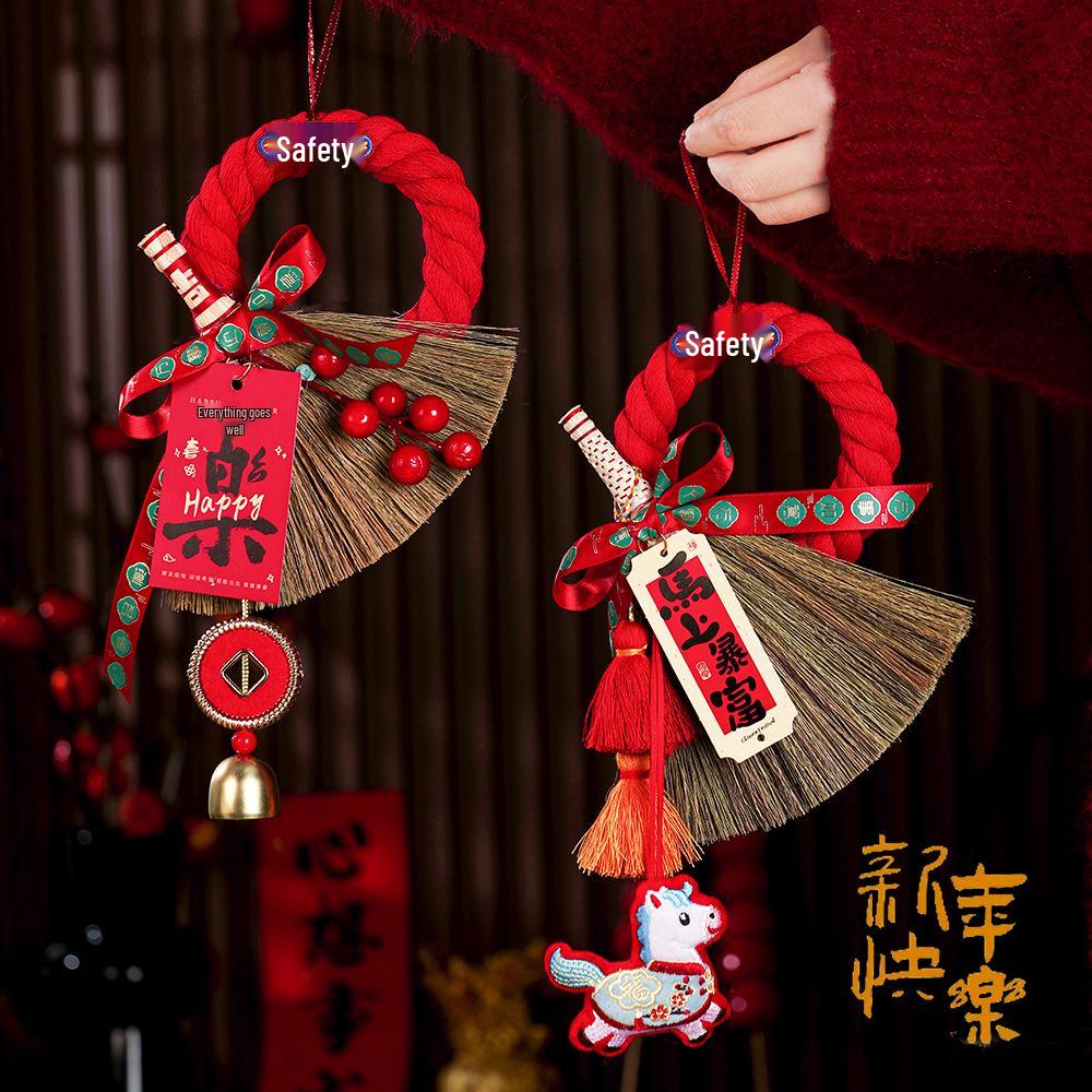 Festive Door Handle Broom Ornament with Bells - Auspicious Hanging Decoration for Housewarming and Entryway.