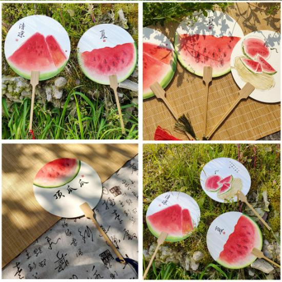 Rabat dla nowych przybyszów: Ręcznie malowany wachlarz arbuzowy - Przenośny, Kreatywny styl chiński na lato