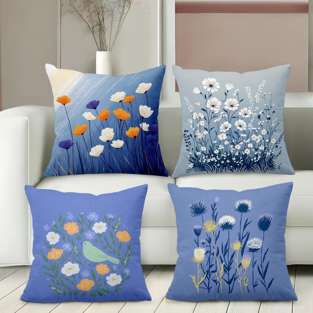 Floral Patterned Cushions Blue with Bird Design Polyester Pillowcase, Sofa Decorative Cushion Cov Headboard Pillow