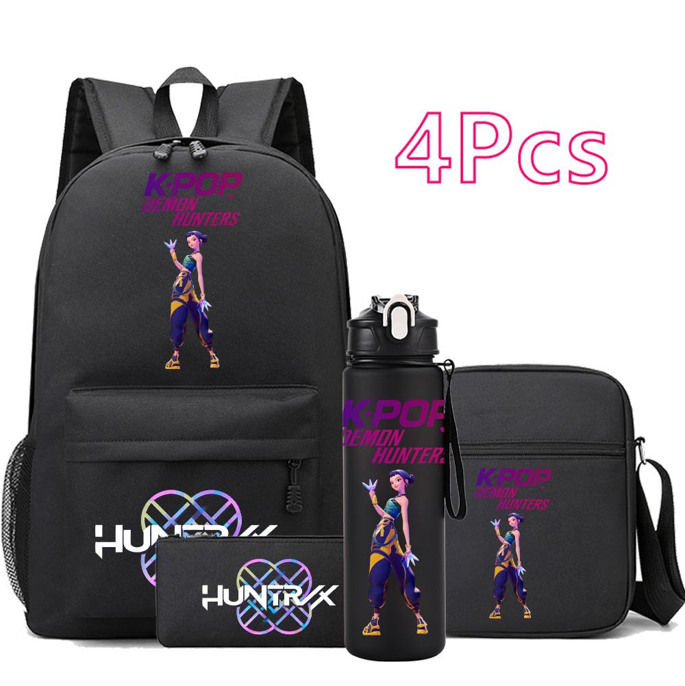 4Pcs/set Anime Cartoon K-Pop Printed Backpack with 750Ml Water Bottler for Teenager Student Girl Boy Bookbag Kid Gift Large Capacity Travel Bag