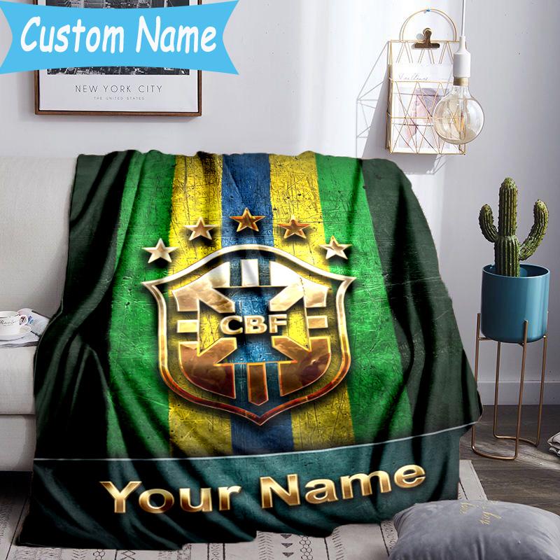 Custom Name Brazilian Football Federation Emblem Flannel Blanket, Use for Birthday/Holiday Gift, Soft Blanket for Sofa/Bed/Camping/Office, Home Decor