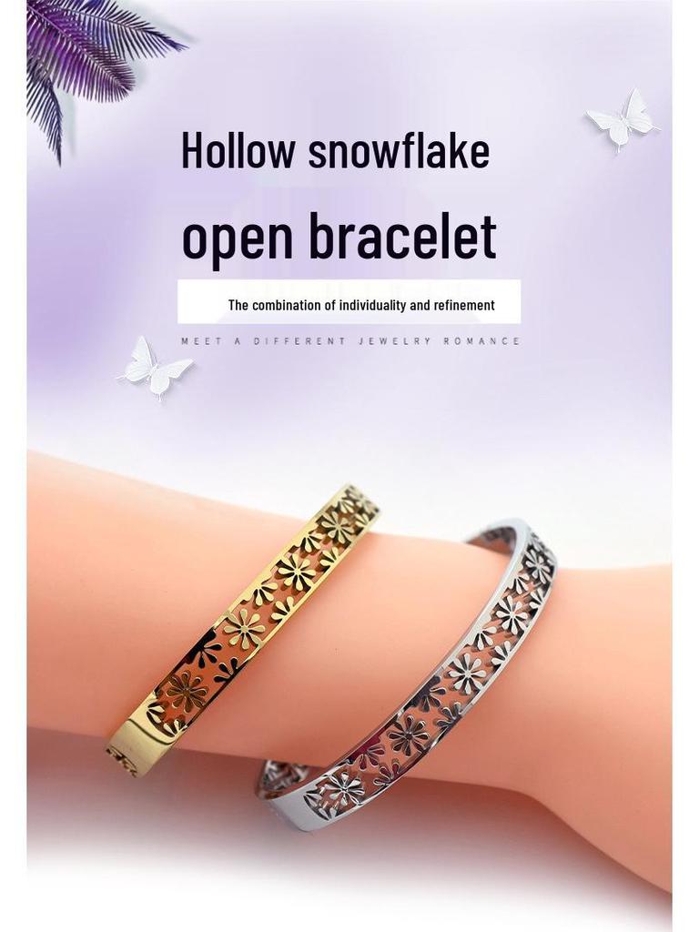Edelstahl Schneeflocken Armreif: Weihnachten und Neujahr Offener Armreif aus Silber oder vergoldetem Titanstahl.