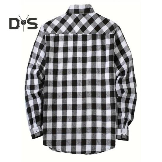 Fall Winter Men Shirt Coat Plaid Print Long Sleeves Chest Pocket Turn-down Collar Single-breasted Loose Contrast Color Jacket