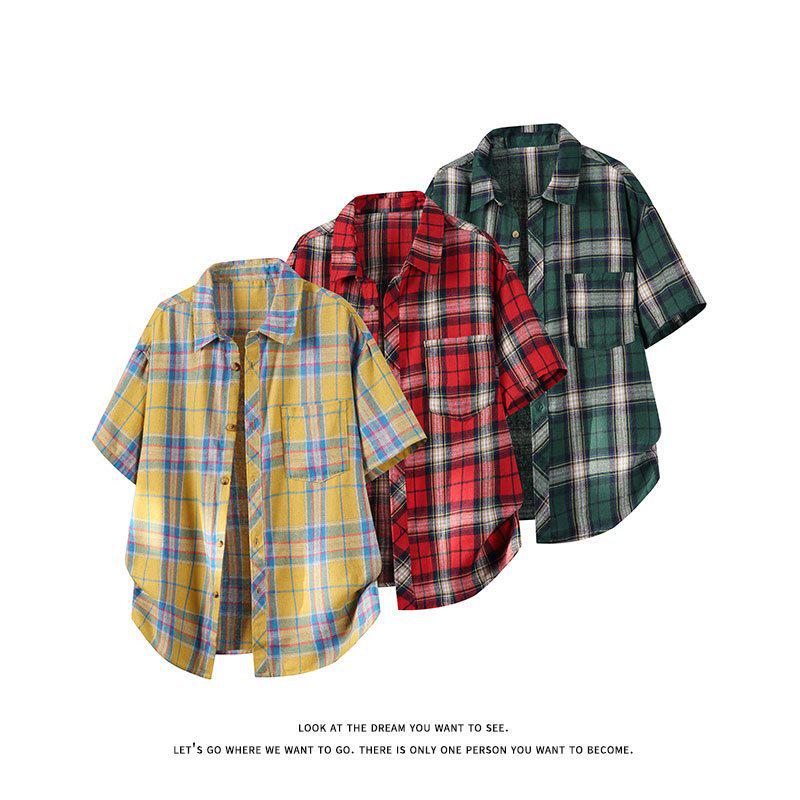 Korean Retro Plaid Plus Size Lapel Short Sleeve Shirt