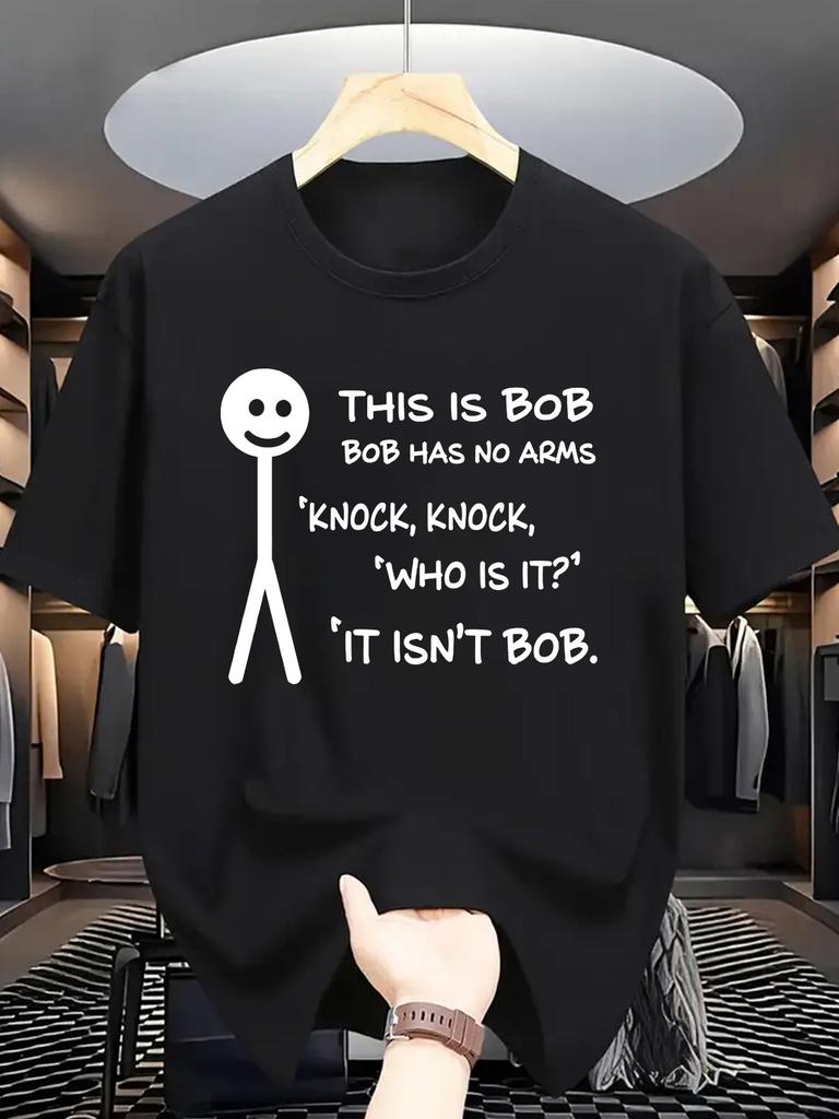 Unisex O Neck Tee Bob Stick Figure Joke Text Print Cotton Short Sleeve Loose Summer Street Breathable Daily Casual Basic Wear Top