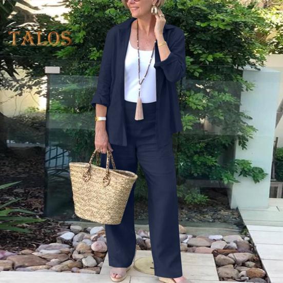 2-teiliges Set mit Hemd und Hose für Damen, lockeres Revers, einreihig, mittellange Langarmbluse, hohe elastische Taille, Hose mit weitem Bein, Alltagskleidung