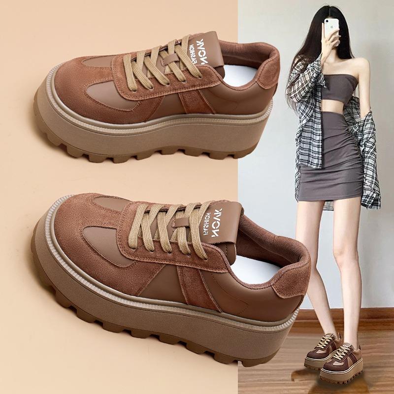 Leather casual shoes for women to wear autumn and winter new thick-soled Korean version of versatile height-increasing sports women's shoes tide