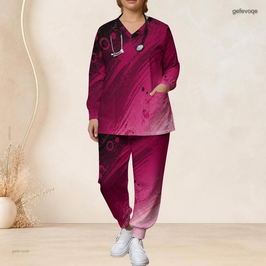 Women Plus Size Printed Nurse Scrub Set V Neck Long Sleeve Top With Pockets Long Pants