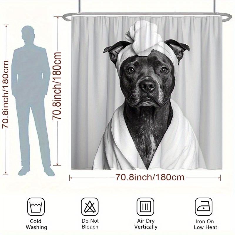 Pitbull Bathrobe Shower Curtain - Black & White Dog Design, Includes Turban & Robe, Polyester, 70.8X70.8 Inches, Washable