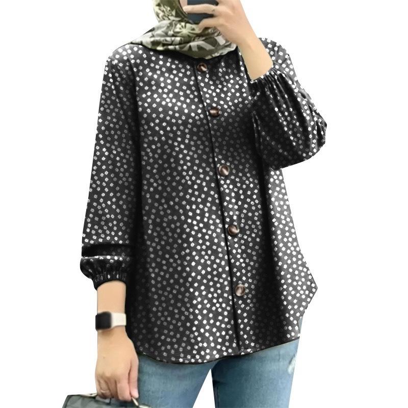 Plus Size Women's New Fashion Puffed Sleeve Floral Shirt