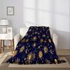 Sun, Moon, and Starry Sky Pattern Flannel Ultra-Soft Blanket, Dark Blue and Golden Color Scheme, Soft and Anti-Pilling, Decorati