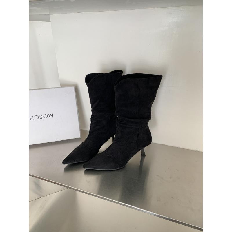 2025 Autumn and Winter Thin Heel High Heel Women's Boots Suede V Mouth Medium Tube Thin Pointed Fashion Boots