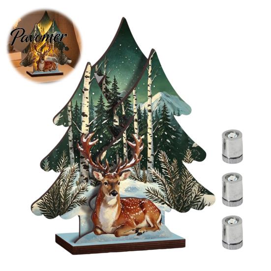 Mini Christmas Tree Wooden Table Decor with LED Light, Rustic Standing Sign Exquisite Wood Craft Reindeer Santa Claus for Holiday Tiered Tray,