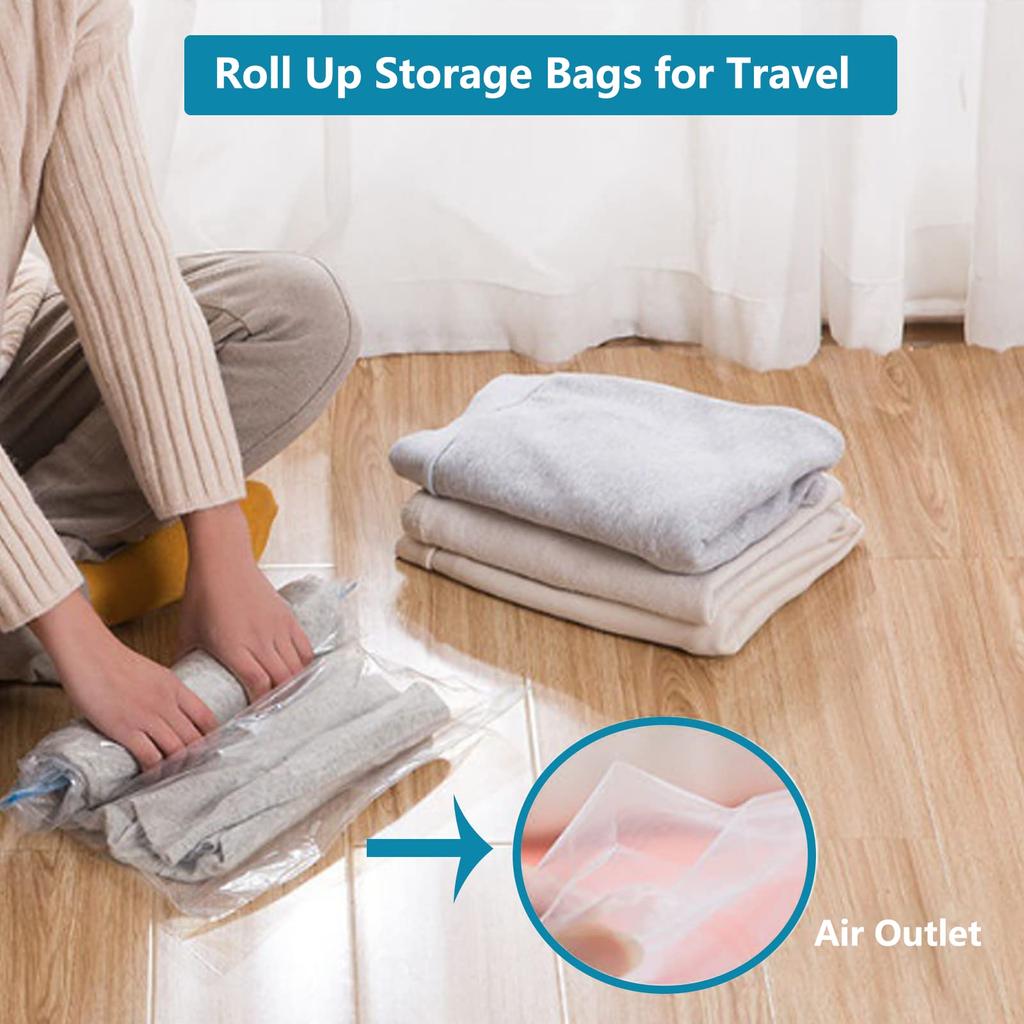 8 Pack Roll Up Compression Bags Vacuum Storage Bags Hand Roll Durable Space Saver Bags For Clothes Clothing Travel Accessories