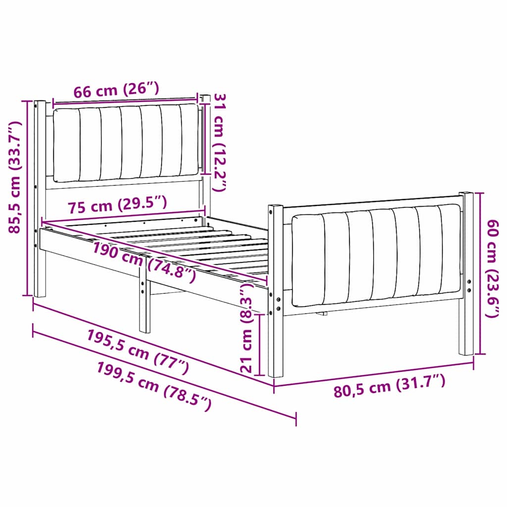 Brown and Light Grey Bed Frame 75 x 190 cm Solid Pine Wood