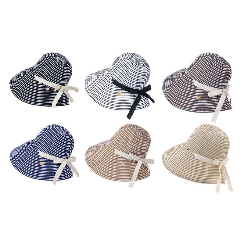 Striped Bow Big Brim Fisherman Hat Women's Summer Outdoor Travel Foldable Sun Hat