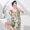 Summer thin floral suspenders pajamas women's French with chest pads can be worn outside sweet sleeveless loungewear cotton silk suit