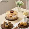 1PCS Round Wooden Cake Stand with Glass Dome Lid -Wood Serving Tray for Dim Sum Pastries & Desserts for Dining Room Cake Tray
