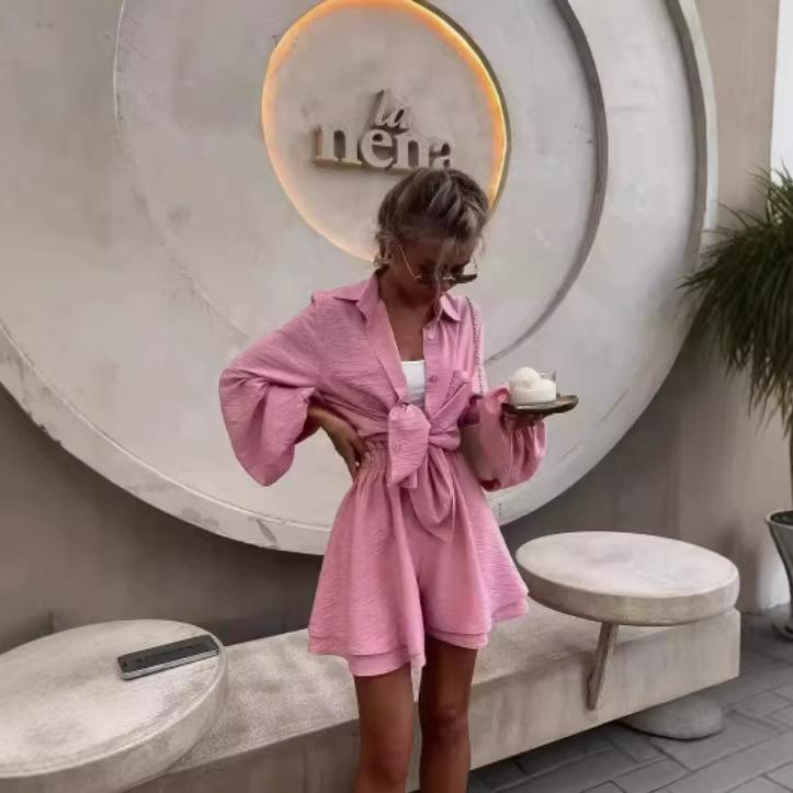 Damen Knopfleiste Puff Langarm Hemd Gerüscht Schicht-Shorts Lässiges 2-teiliges Outfit Set