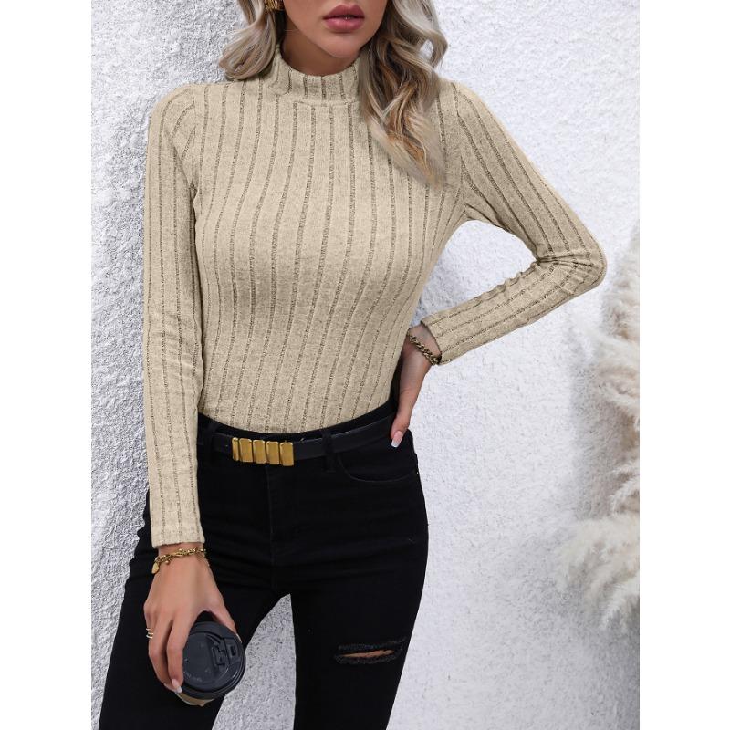 Solid Color Faux Neck Ribbed T-Shirt, Elegant Long Sleeve Slim Fit Hundred Tops for Women