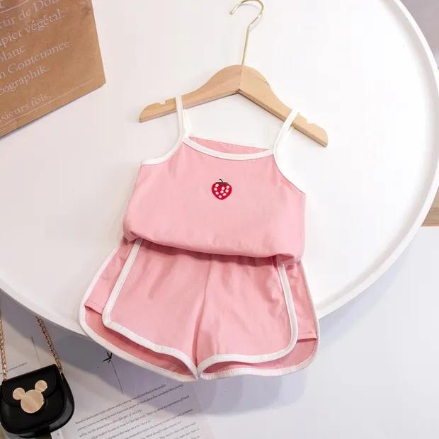Costum cu bretele de vară pentru fete Pantaloni scurți cu mânecă scurtă Vestă subțire pentru copii Îmbrăcăminte pentru copii Comerț cu ridicata în două piese Set de pantaloni scurți cu bretele