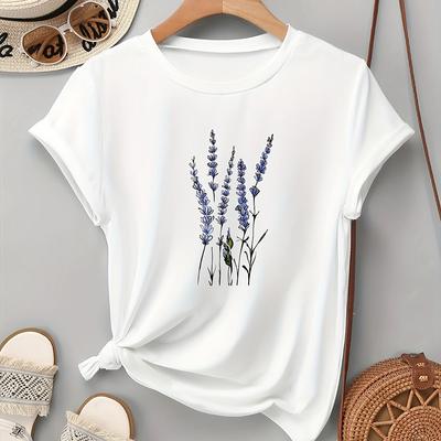 Damski letni T-shirt z lawendowym nadrukiem, w stylu retro, z krótkim rękawem, casualowe topy z nadrukiem