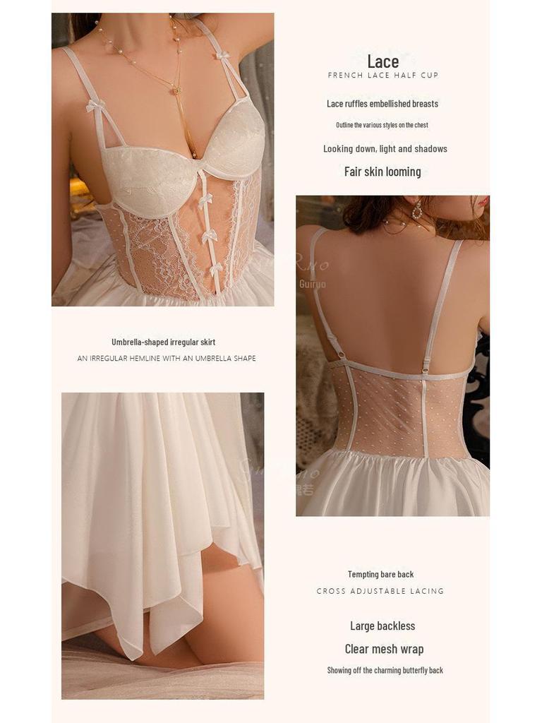 Guiruo Satin Lace Nightdress & Robe Set with Chest Pad