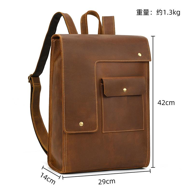 Retro Men'S Backpack Flip Cowhide School Bag 17 Inch Crazy Horse Leather Three-Dimensional Backpack Cowhide Casual Travel Bag