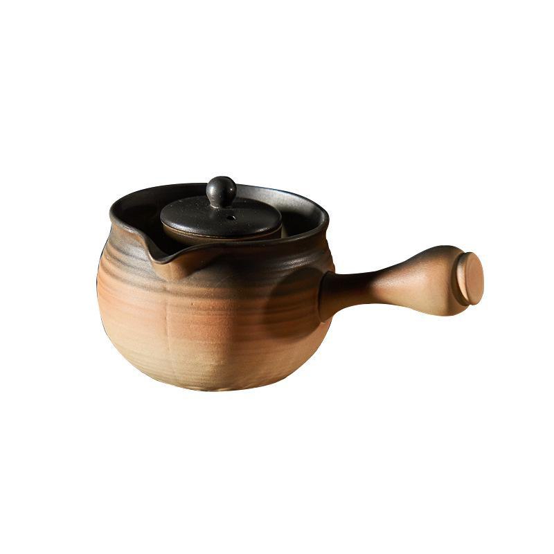 Ceramic Kung Fu Tea Set: Black Teapot with Side Handle and Charcoal Stove for Open Fire.