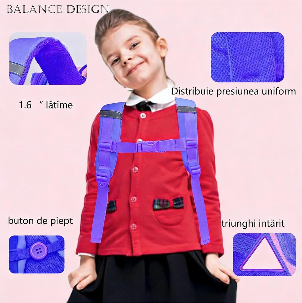 Kids Purple Backpack Large Capacity Waterproof Lightweight 37x24x12cm Multiple Pockets Violet