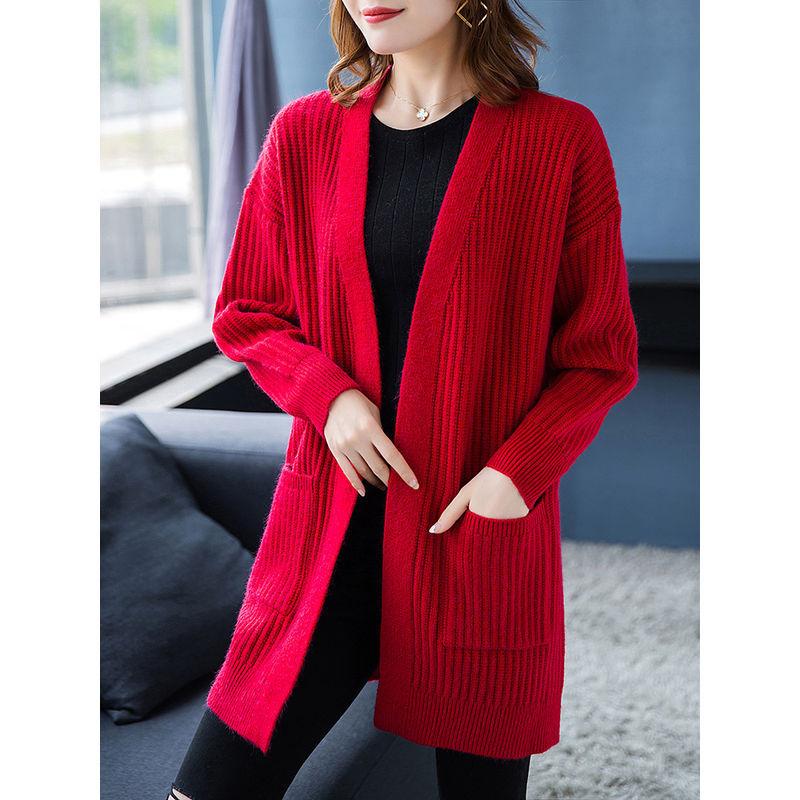 

Women s Sweater Medium To Long Knitted Cardigan Versatile Coat Pocket Loose Outer Knitted Sweater S червоний