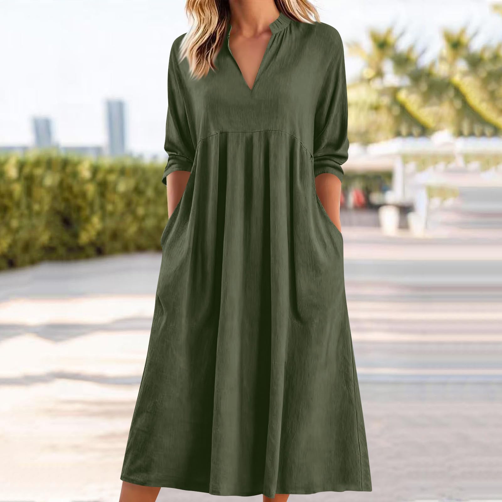 

Women s Fashionable Color V Neck Casual Loose Retro Cotton Linen 3/4Sleeved Pocket Dress L