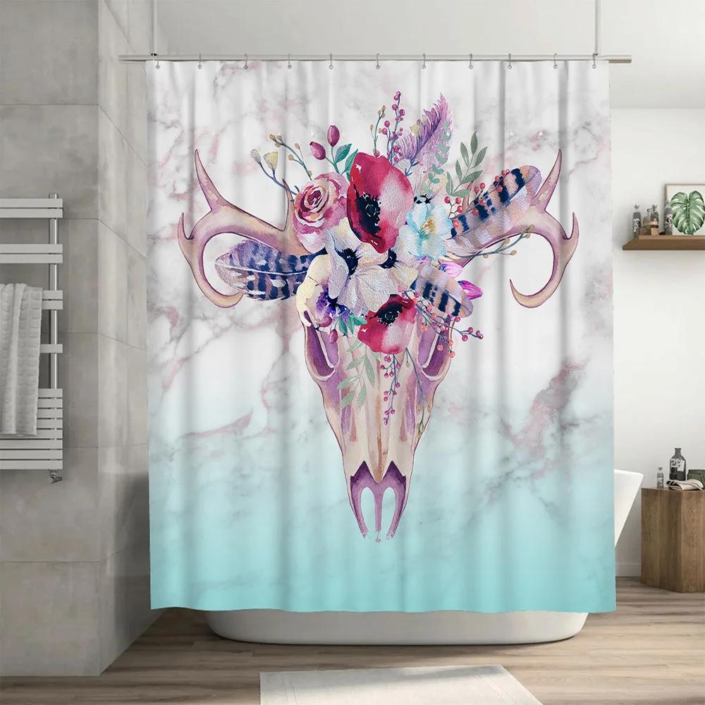Vintage Skull Shower Curtain with Feather Design Watercolor Flowers Decor Lavender Blue White Colors for Bathroom Easy Installat