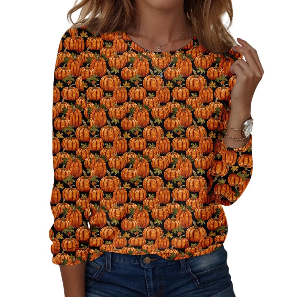 Women's Long Sleeve Casual Pullover Sweatshirt Halloween Ghost Pattern Round Neck Top Lightweight Comfortable Fit