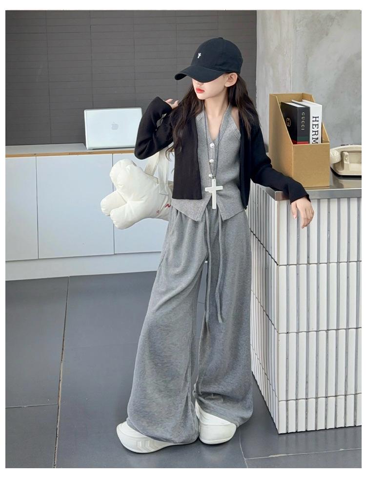 2025 Girls' Trendy Two-Piece Autumn Set: Cardigan Sweater & Wide-Leg Pants
