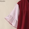 ZANZEA Women Casual Round Neck Stripe Splice Half Sleeve Blouse
