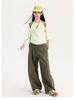 Tao Town Girls' Army Green Denim Scimitar Wide-Leg Cargo Pants - Spring/Autumn Casual Long Pants for Older Children