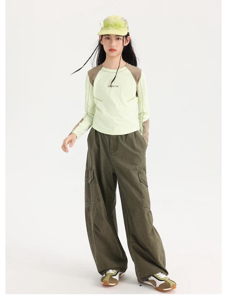 Tao Town Girls' Army Green Denim Scimitar Wide-Leg Cargo Pants - Spring/Autumn Casual Long Pants for Older Children