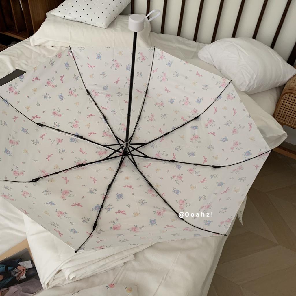 "Springtime" Korean Ins Fairy-Style Bowknot Rose Flower Umbrella, White, Suitable for Photography, Straight Long-Handled Umbrella