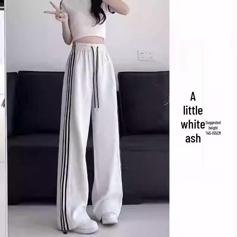 Women's High-Waist Gray & White Striped Jogger Sweatpants - Small, Casual & Loose Fit, Ideal for Autumn/Winter.