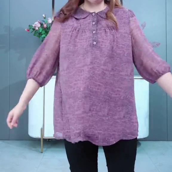 Summer 2025 Plus Size Chiffon Polo Shirt for Middle-Aged Women - Loose, Fashionable, and Breathable.