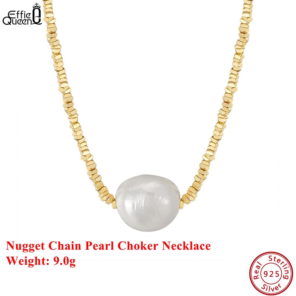 EFFIE QUEEN 925 Pure Silver 14k Gold Nugget Chain Big Pearl Choker Necklace Luxury Jewelry for Women Wedding Banquet Gift GPN36