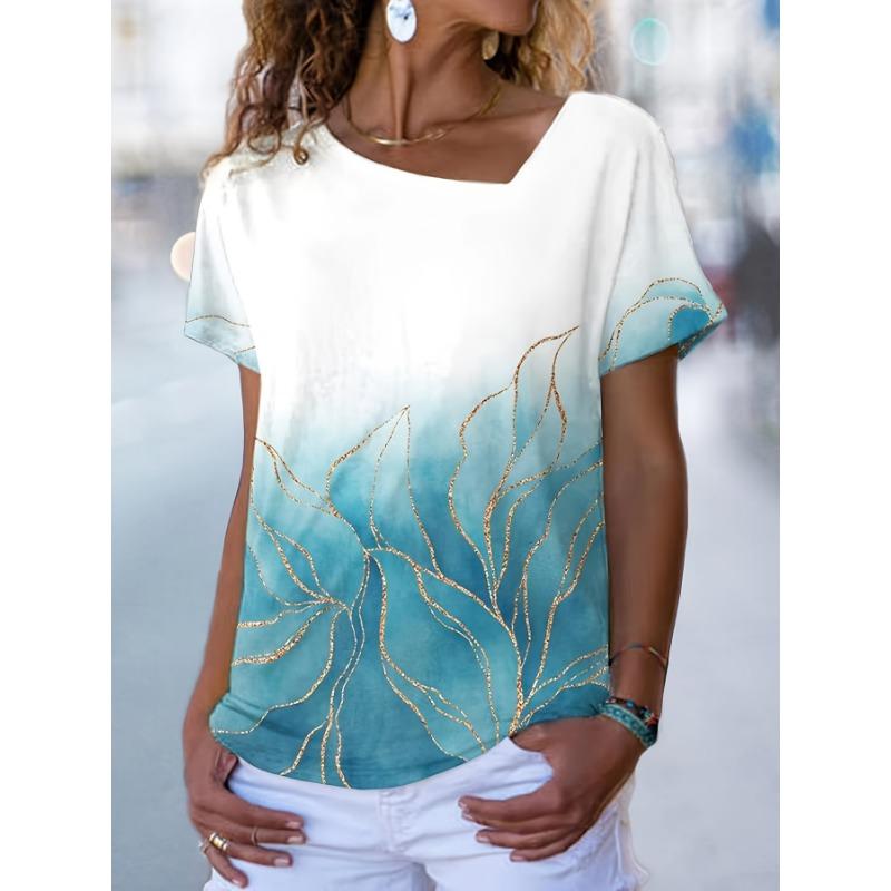 

Асимметричная футболка с 3D-принтом и мраморным принтом, повседневная летняя футболка с коротким рукавом и V-образным вырезом, женская одежда, футболки XXL